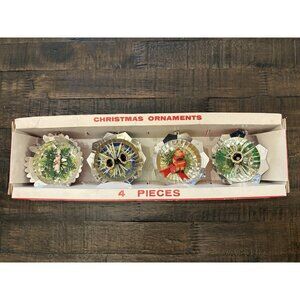 Vintage Diorama Plastic Christmas Ornaments Inset Bells Candle Santa